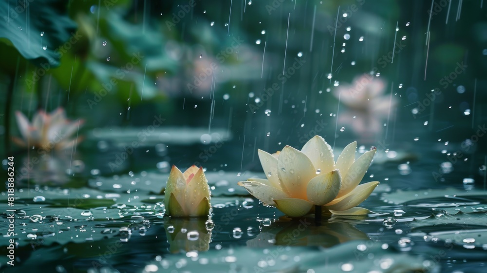 Poster serene image of raindrops gently falling on the surface of a tranquil lotus pond