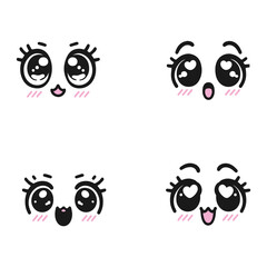 set of cute Eyes Expressions, Kawaii faces, Cute faces, cartoon eyes and mouth