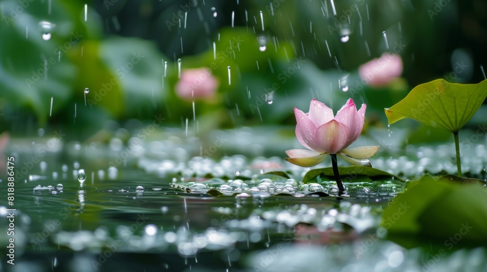 Poster serene image of raindrops gently falling on the surface of a tranquil lotus pond