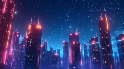 A futuristic cityscape with sleek buildings bathed in the warm glow of neon lights, set against a...