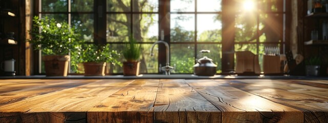 Rustic Wooden Table in Bright, Open Kitchen with Soft Natural Lighting through Window. Textural Wood Grain, Smooth Surfaces, and Warm Shadows Highlight the Beauty of Organic Materials. Clean, Inviting