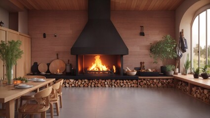 living room with fireplace Generative Ai 