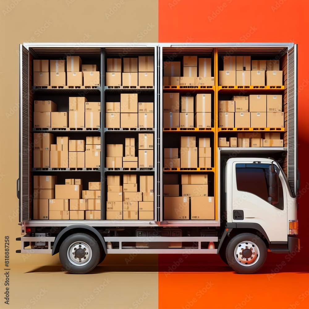 Poster side view of a white delivery truck with open doors revealing neatly stacked cardboard boxes on an o