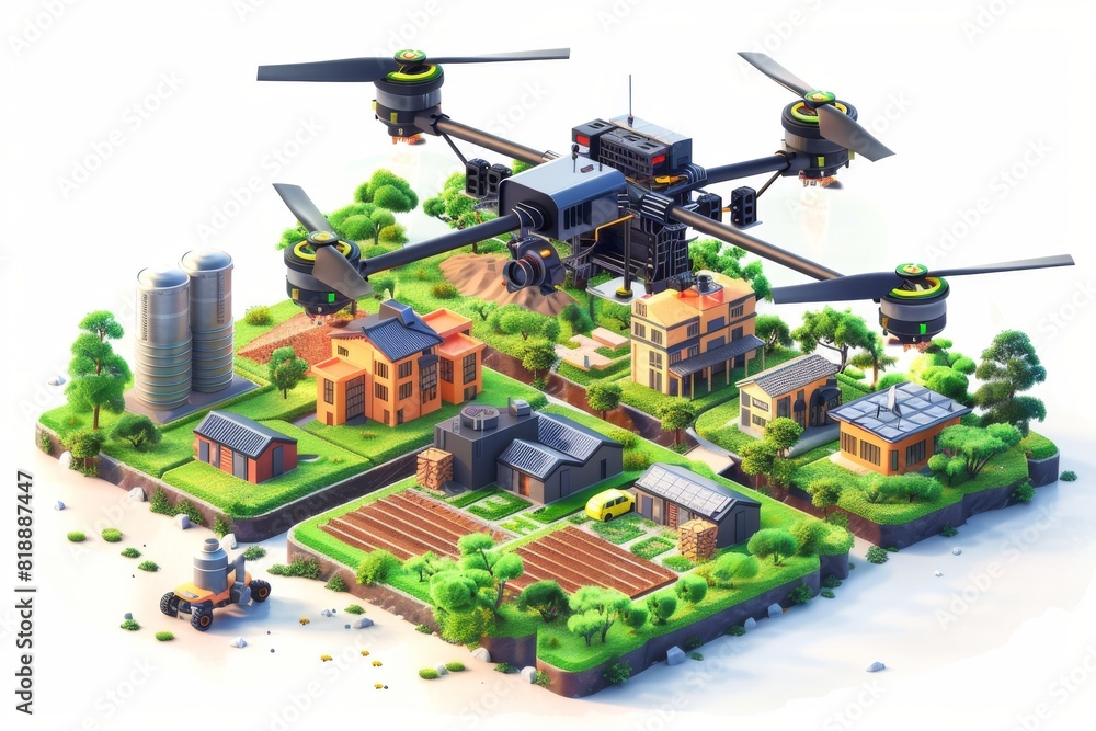 Poster view of agricultural fields with drone technology for advanced crop management and efficient design 