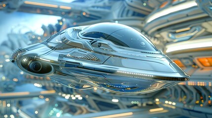 futuristic 3d illustration of sleek silver spaceship docked at interstellar space station