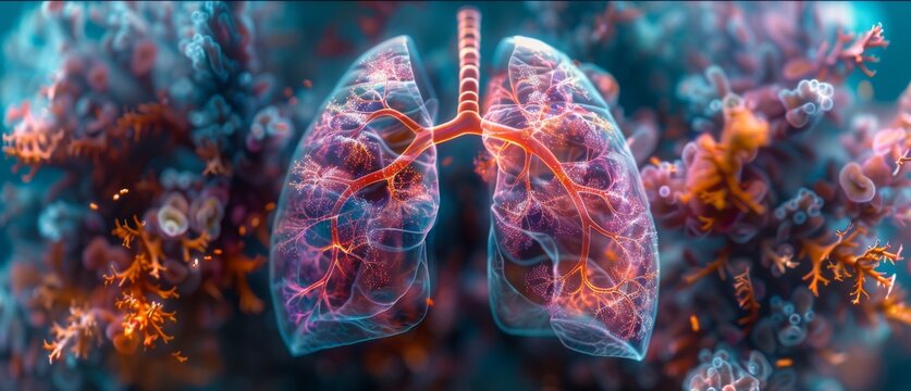 An immersive 360-degree panorama of blood gas exchange in the lungs, where oxygen is absorbed into the bloodstream and carbon