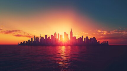 A futuristic metropolis skyline silhouetted against a horizon ablaze with the glow of a digital sunset, signaling the dawn of a new era. 32k, full ultra hd, high resolution