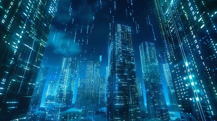 futuristic digital metropolis binary city of glowing blue light in matrix style abstract technological background