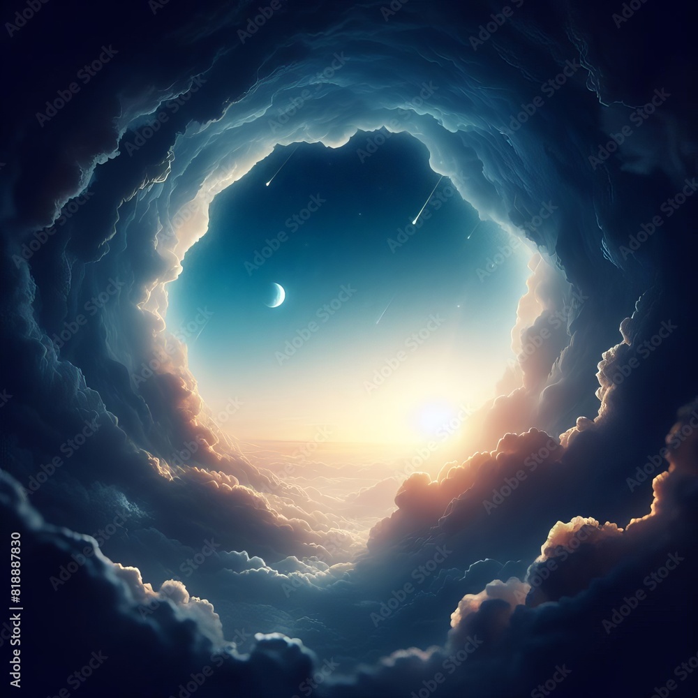 Poster a surreal view from within a cloud cave, opening up to a celestial sky with the moon and sun in harm
