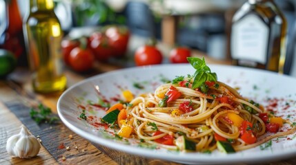 Spaghetti primavera with a variety of colorful vegetables and a light garlic sauce