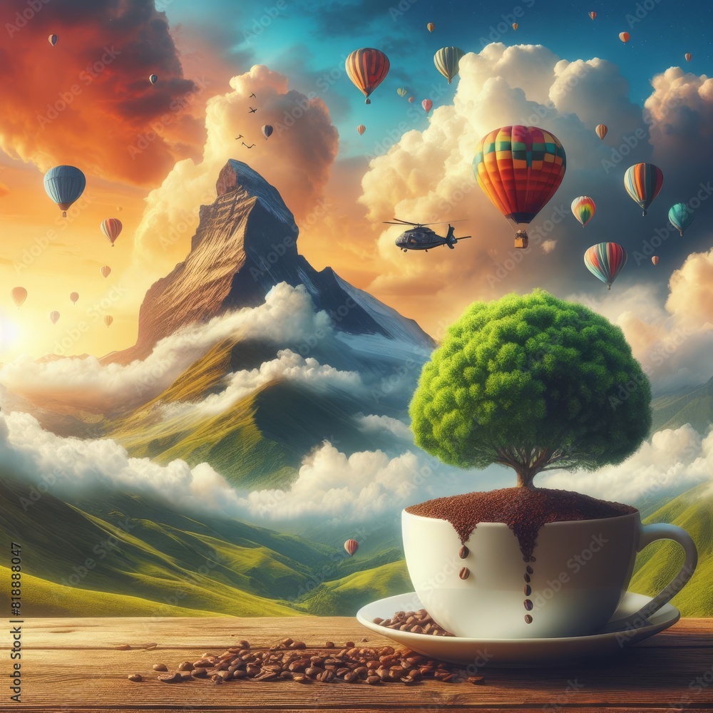 Poster a whimsical composite where a tree sprouts from a coffee cup against a backdrop of mountains and hot