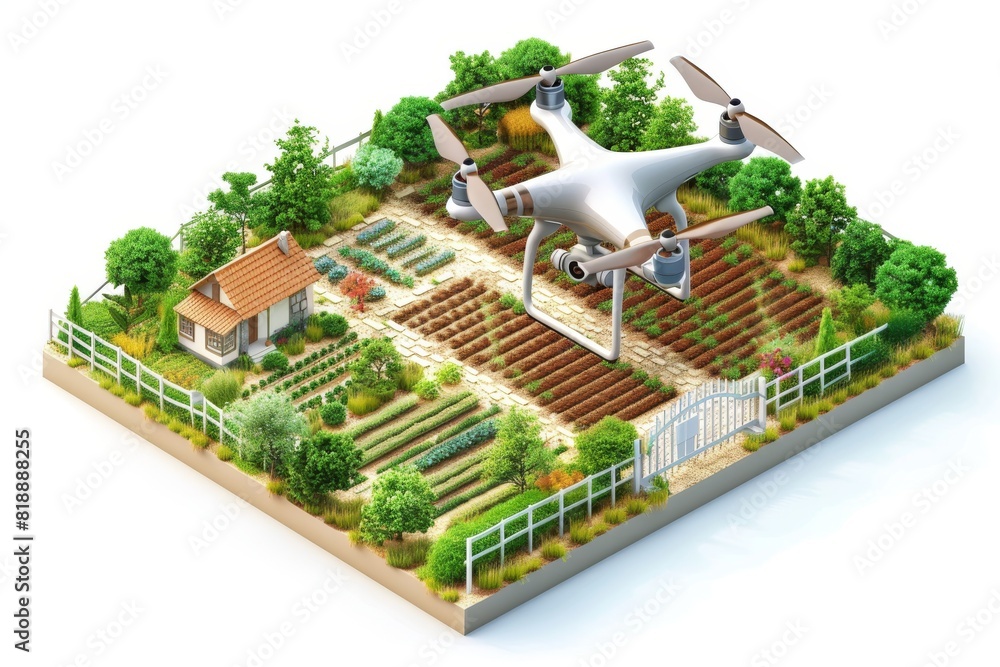 Poster isometric view with drone technology for plant health and advanced crop management in agricultural f