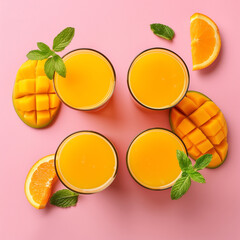 A tall, crystal-clear glass brims with vibrant orange juice, its surface adorned with succulent slices of ripe mango, their golden hue adding a burst of tropical color. 