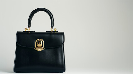 Elegant black leather handbag with gold hardware and a structured design, placed against a minimalistic light background.