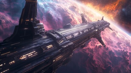 A futuristic space station orbiting a distant planet, with sleek metallic structures bathed in the warm glow of artificial lighting against the backdrop of a swirling nebula painted.