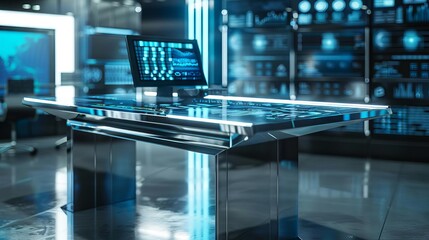 futuristic metallic table in tech startup office digital economy and cryptocurrency themes 3d...