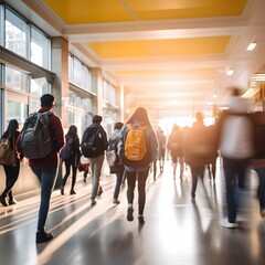 Blurred shot of high school students walking up. Generative AI.