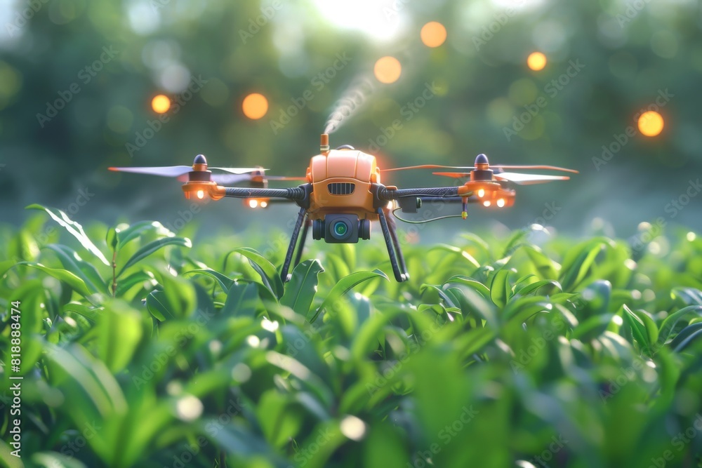 Poster view of agricultural fields with drone technology for advanced crop management and efficient design 