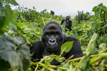 A male silverback gorilla in a jungle hillside habitat. Blurred background. Horizontal. Space for copy. Close up.