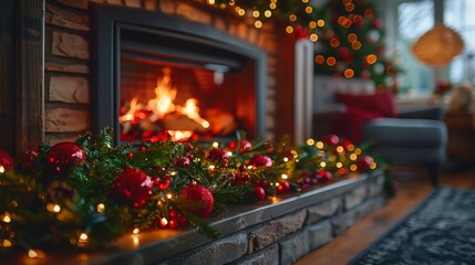 Create a cozy and inviting atmosphere with a crackling fire in the fireplace, adorned with a garland of fresh evergreen