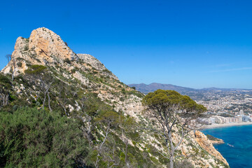 Peñón de Ifach Natural Park (Penyal d'Ifac) , Small nature reserve with a large limestone outcrop, trails and panoramic views of Calpe, Mediterranean coast of Alicante and the Gulf of Valencia, Spain.