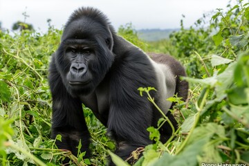 Obraz premium A male silverback gorilla in a jungle hillside habitat. Blurred background. Horizontal. Space for copy. Close up.
