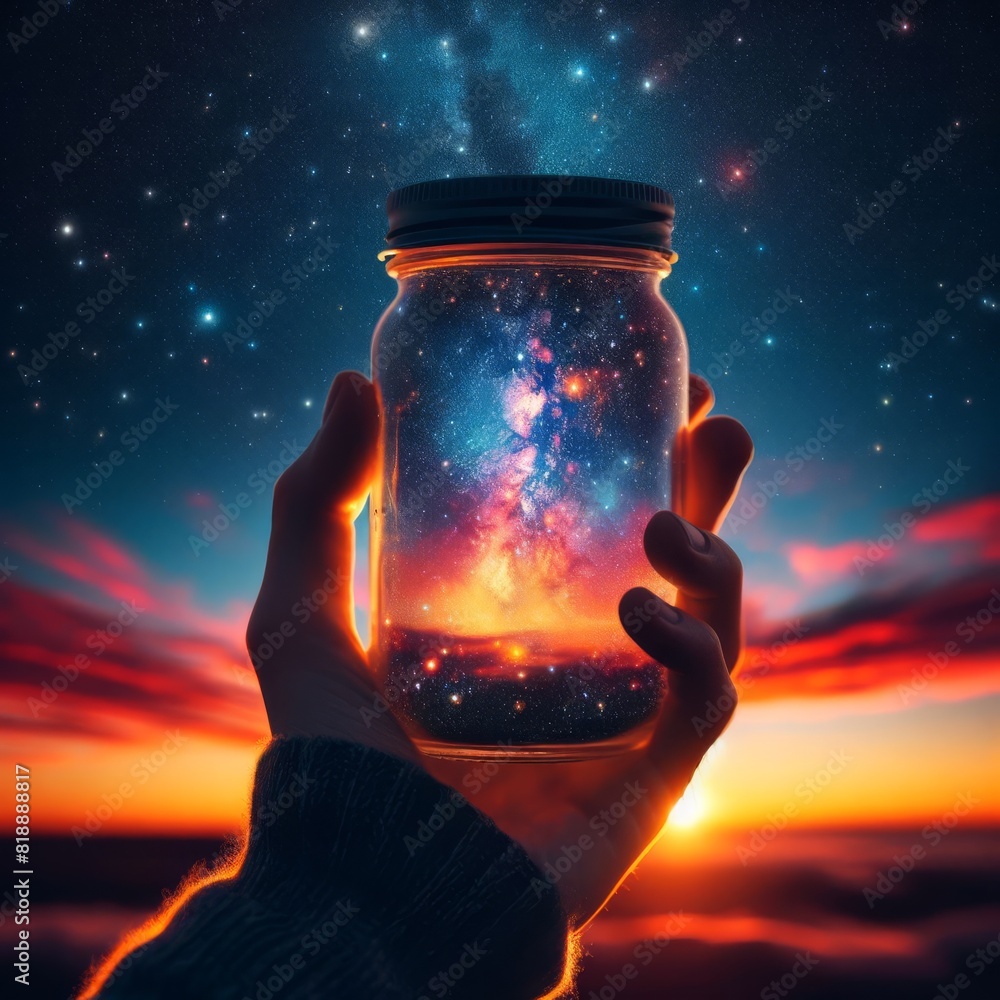 Poster a hand holding a jar that encapsulates a vibrant cosmic scene, blending the wonders of the universe 