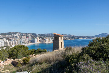 Naklejka premium Peñón de Ifach Natural Park (Penyal d'Ifac) , Small nature reserve with a large limestone outcrop, trails and panoramic views of Calpe, Mediterranean coast of Alicante and the Gulf of Valencia, Spain.