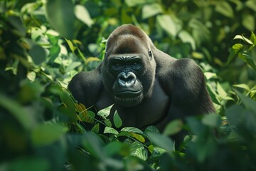 Naklejka premium A male silverback gorilla in a jungle hillside habitat. Blurred background. Horizontal. Space for copy. Close up.