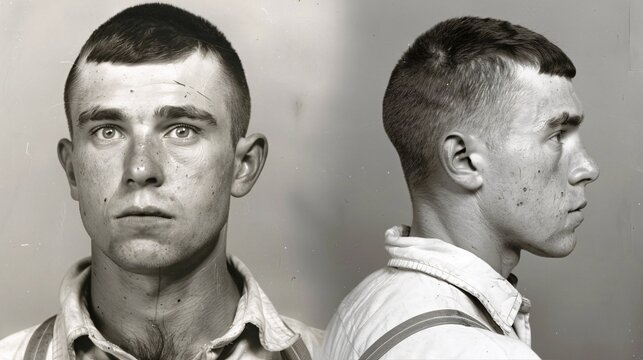 Vintage Police Mugshot of Young Man with Suspenseful Expression from 1930s Era