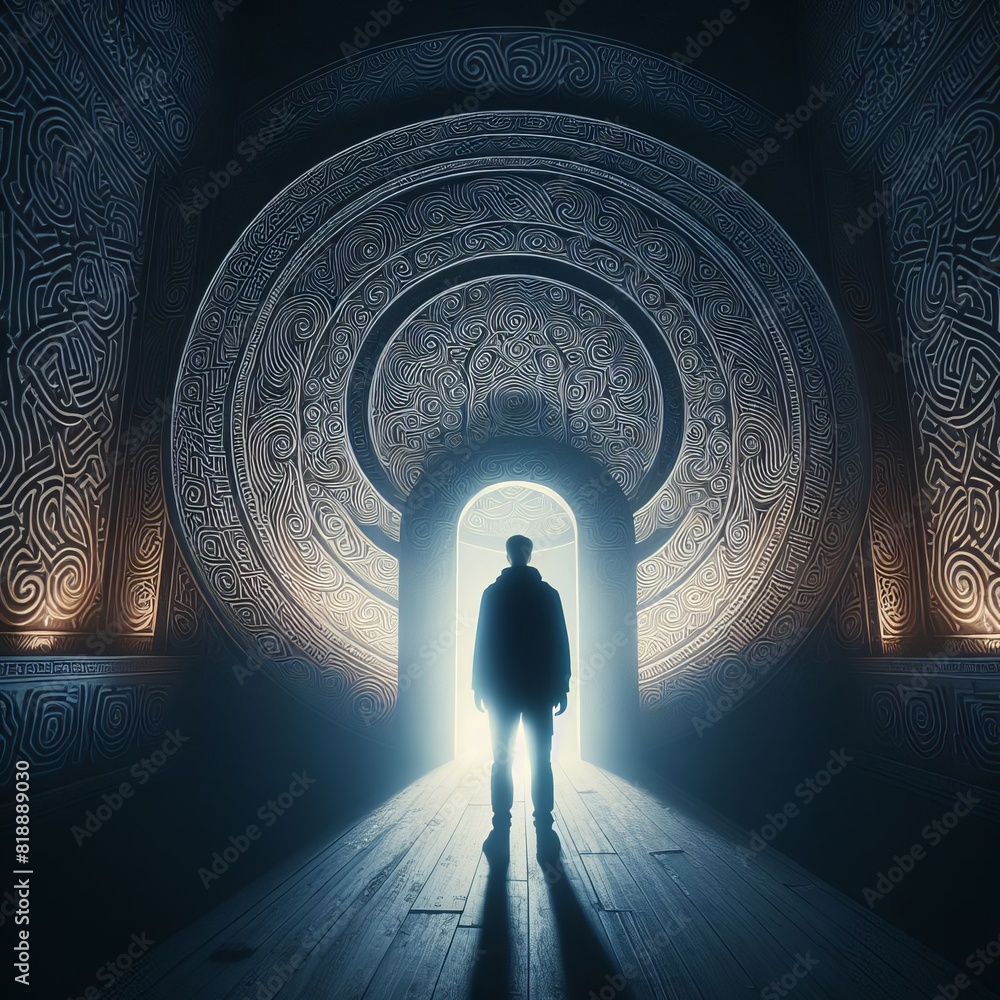 Poster silhouette of a lone person standing at the entrance of a mysterious portal with intricate patterns 