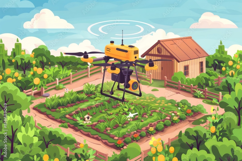 Poster isometric view with drone technology for plant health and advanced crop management in agricultural f