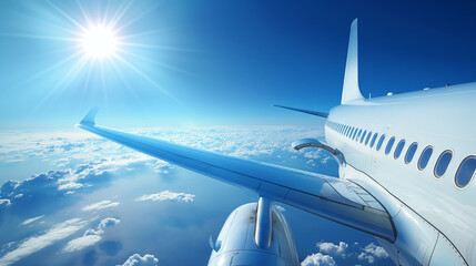 Commercial airline with blue sky and sun on the background