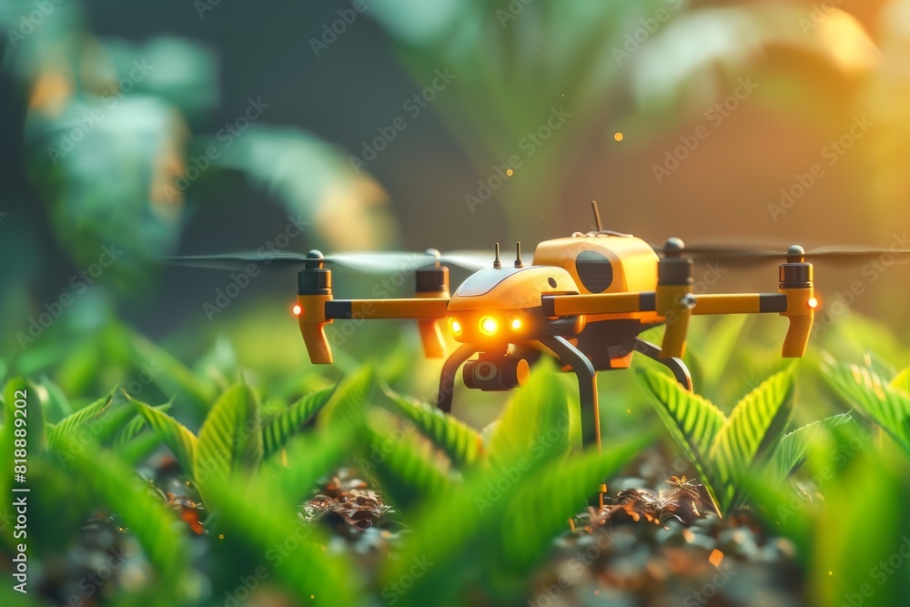 Poster isometric view with drone technology for plant health and advanced crop management in agricultural f