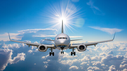 Obraz premium Commercial airline with blue sky and sun on the background