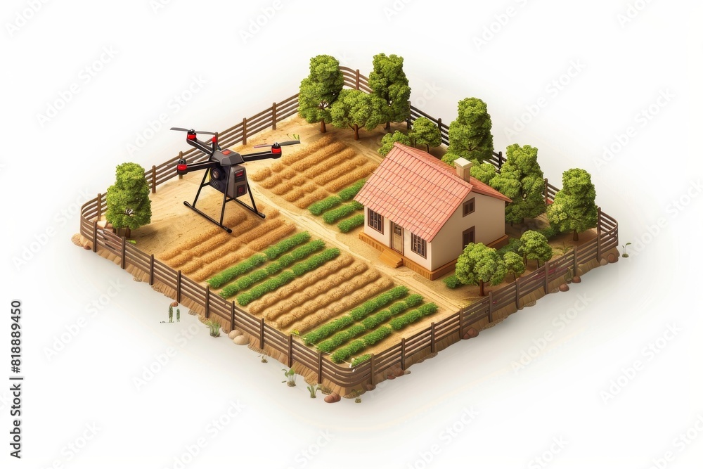 Poster isometric view with drone technology for plant health and advanced crop management in agricultural f