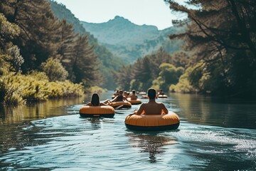 A group of friends enjoying a day of tubing on a sparkling lake, their laughter echoing across the water