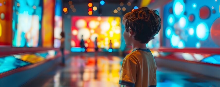 Children Exploring Interactive Science Museum Exhibit with Vibrant Lights and Colors