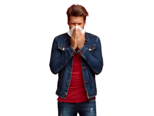 man wearing jacket sneezes while standing