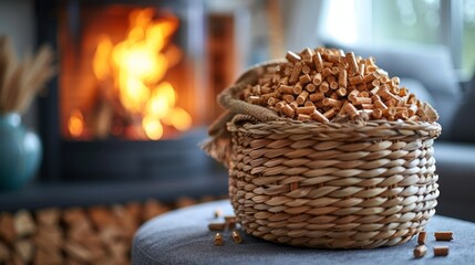 Wicker basket with wood pellets near fireplace in modern living room