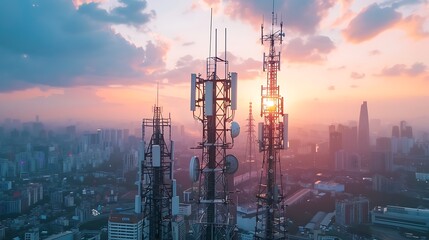 Antenna towers emitting 5G signals, emphasizing high-speed connectivity. - Powered by Adobe