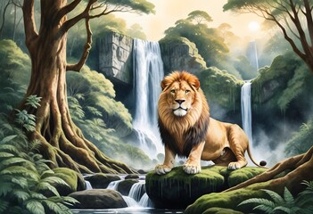 lion sitting by waterfall (145)