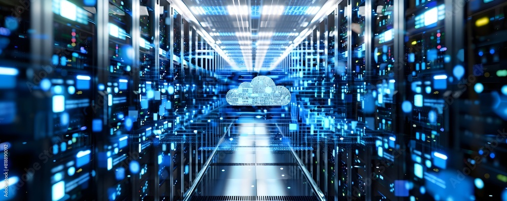 Poster futuristic cloud computing data center with rows of glowing blue led servers and cutting edge techno