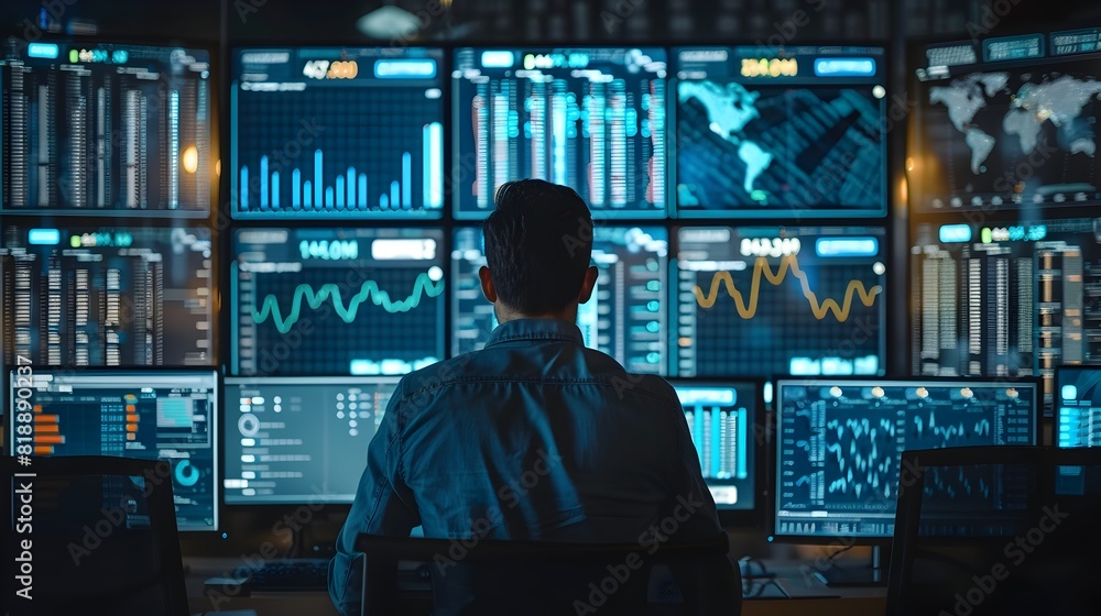 Poster data analyst visualizing financial statistics on multiple screens for insightful decision making