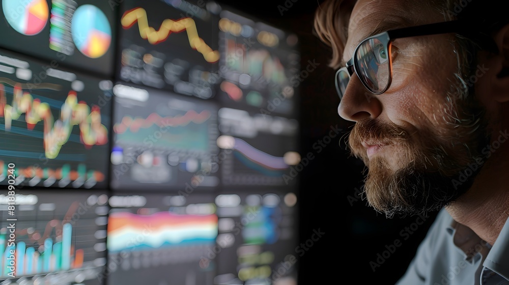 Poster data analyst visualizing financial statistics on multiple digital screens in a technology driven wor