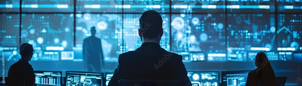 Poster cybersecurity professionals responding to virtual attacks in futuristic command center
