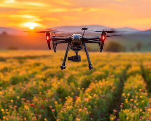 Smart Drone Monitoring Crop Health at Vibrant Sunset in Pastoral Field