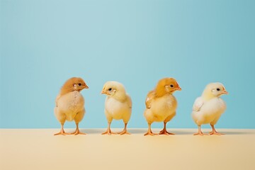 Naklejka premium Baby chicken on a blue background. A monochrome background with a place for text and cute, fluffy yellow pet chickens.