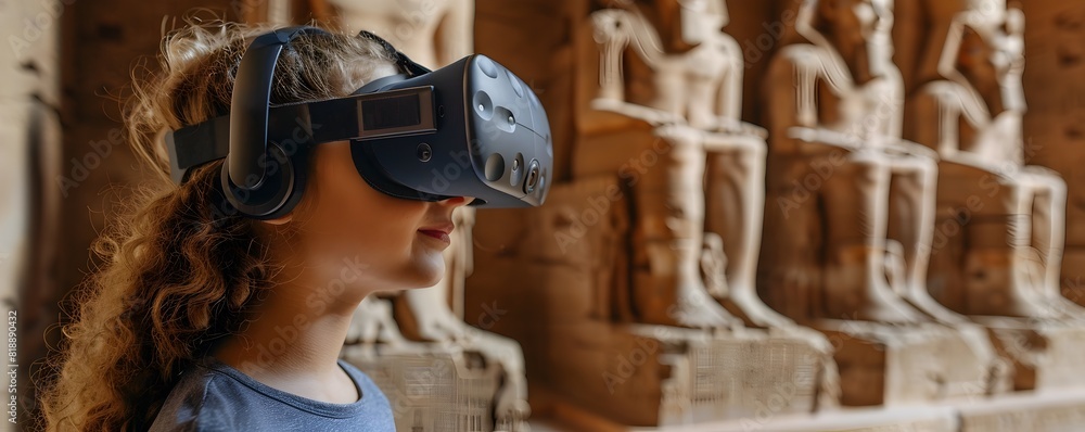 Poster students exploring ancient civilizations through immersive virtual reality in educational setting