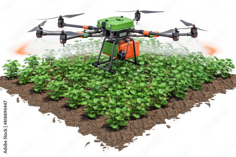 Poster isometric view with drone technology for plant health and advanced crop management in agricultural f